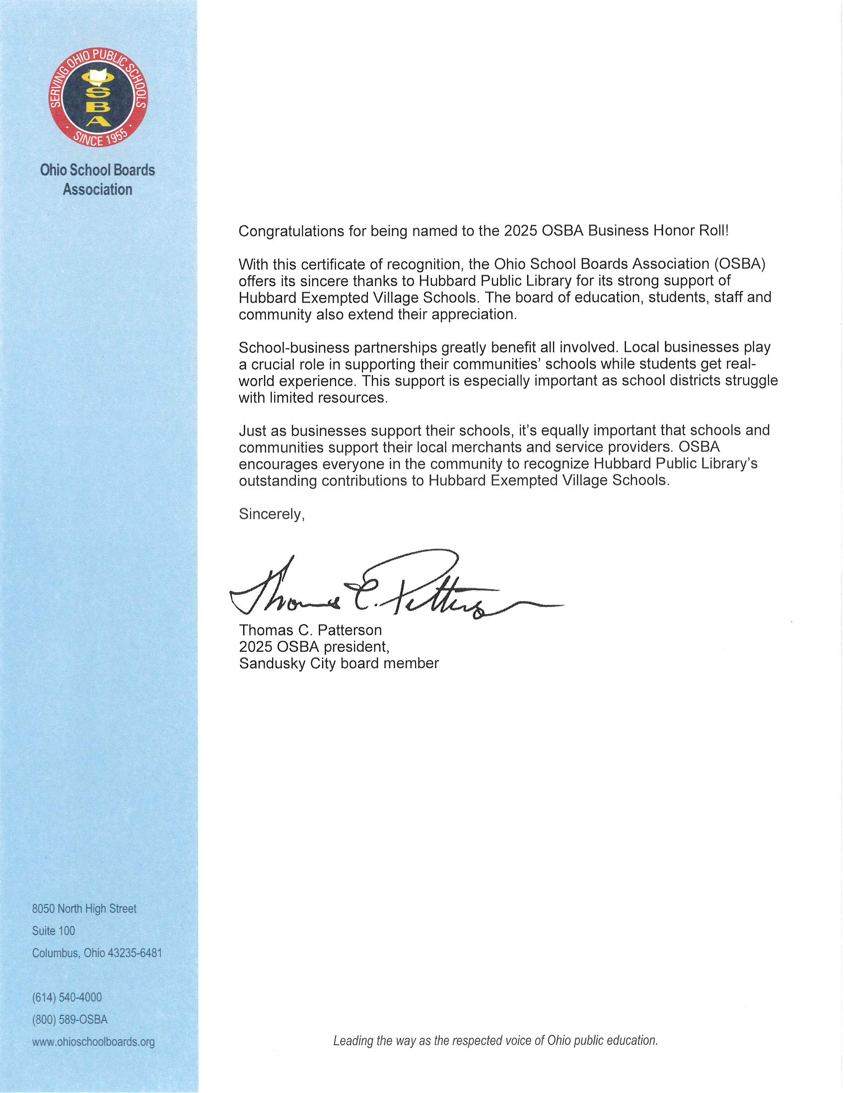 OSBA Honor Roll Award letter
