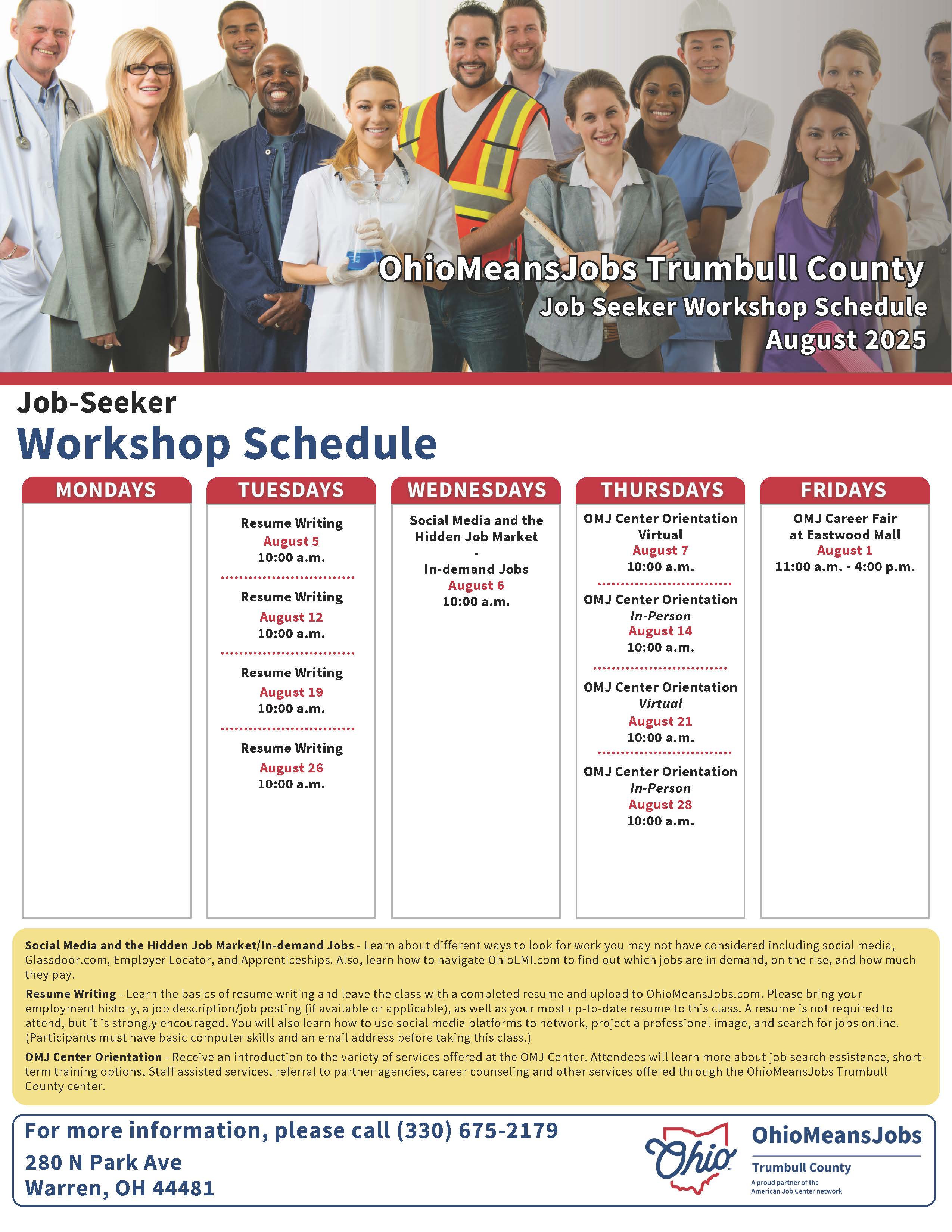 August 2025 OMJ Trumbull County Workshop Schedule