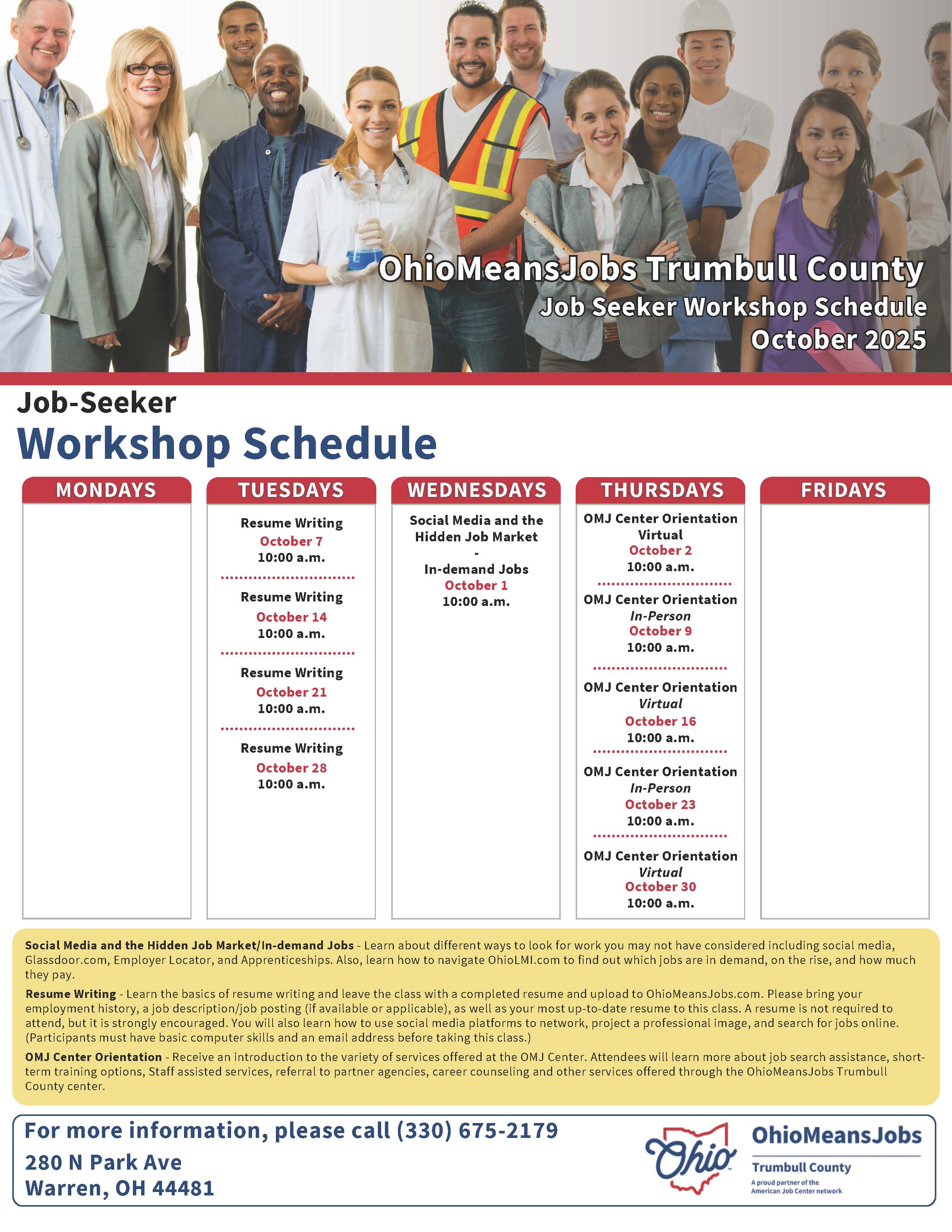 October 2025 OMJ Trumbull County Workshop Schedule.