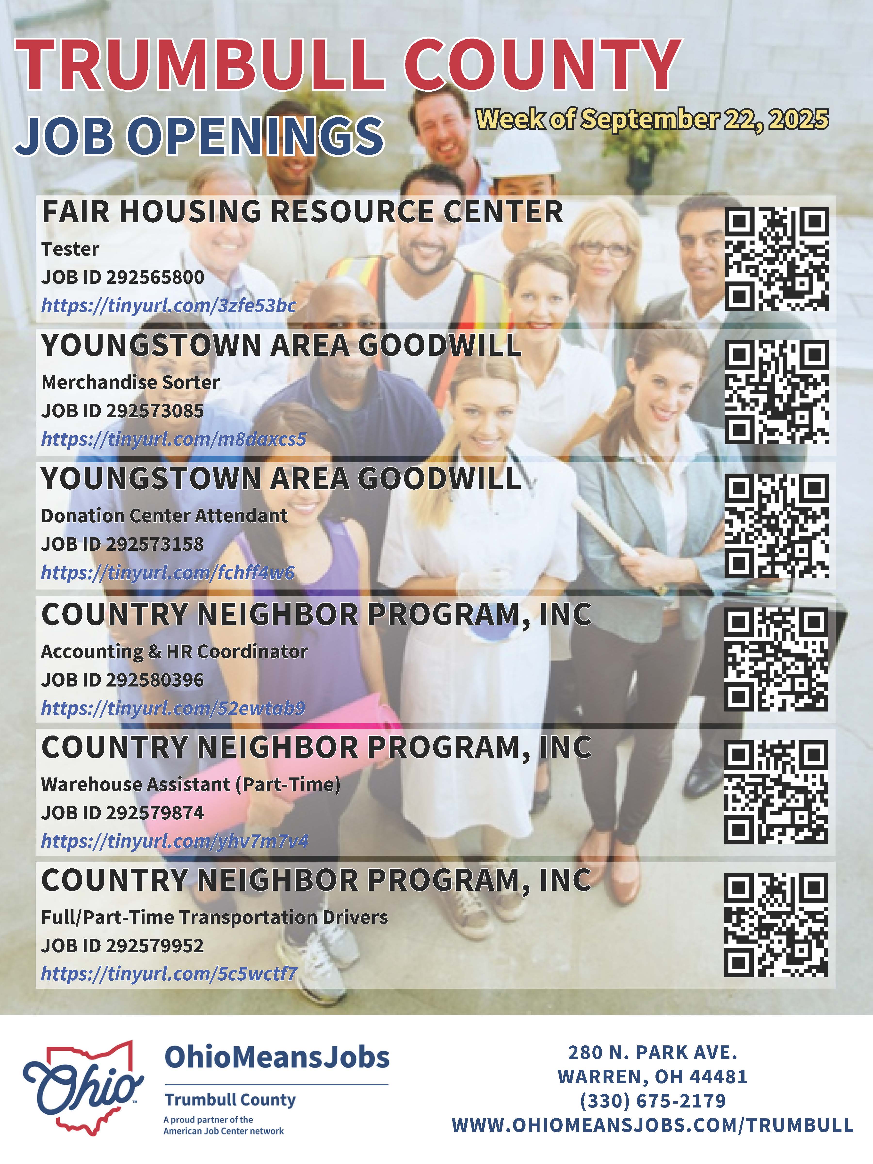 Trumbull County Job Openings Week of September 22, 2025 Page 1.
