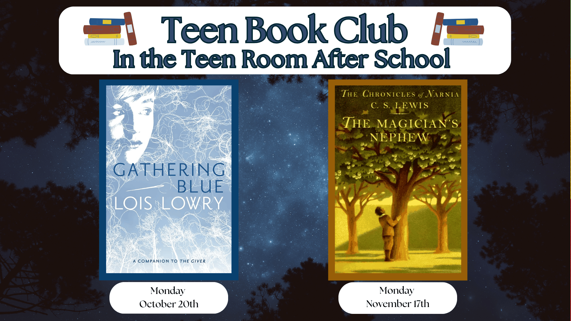 Teen Book Club on Monday, October 20 at 2:30pm in the Teen Room. Gathering Blue by Lois Lowry is the October pick.