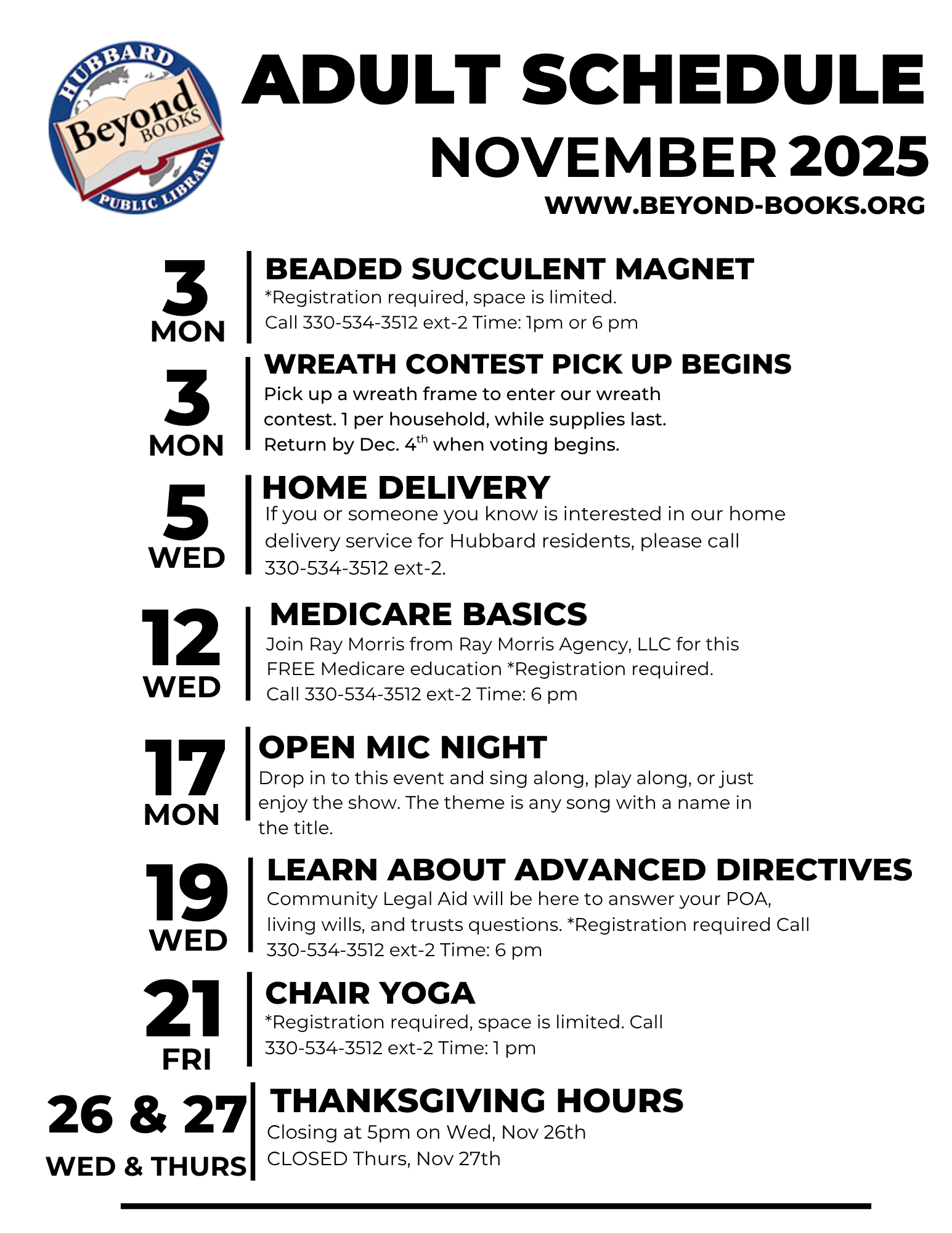 November 2025 Adult Monthly Programs.