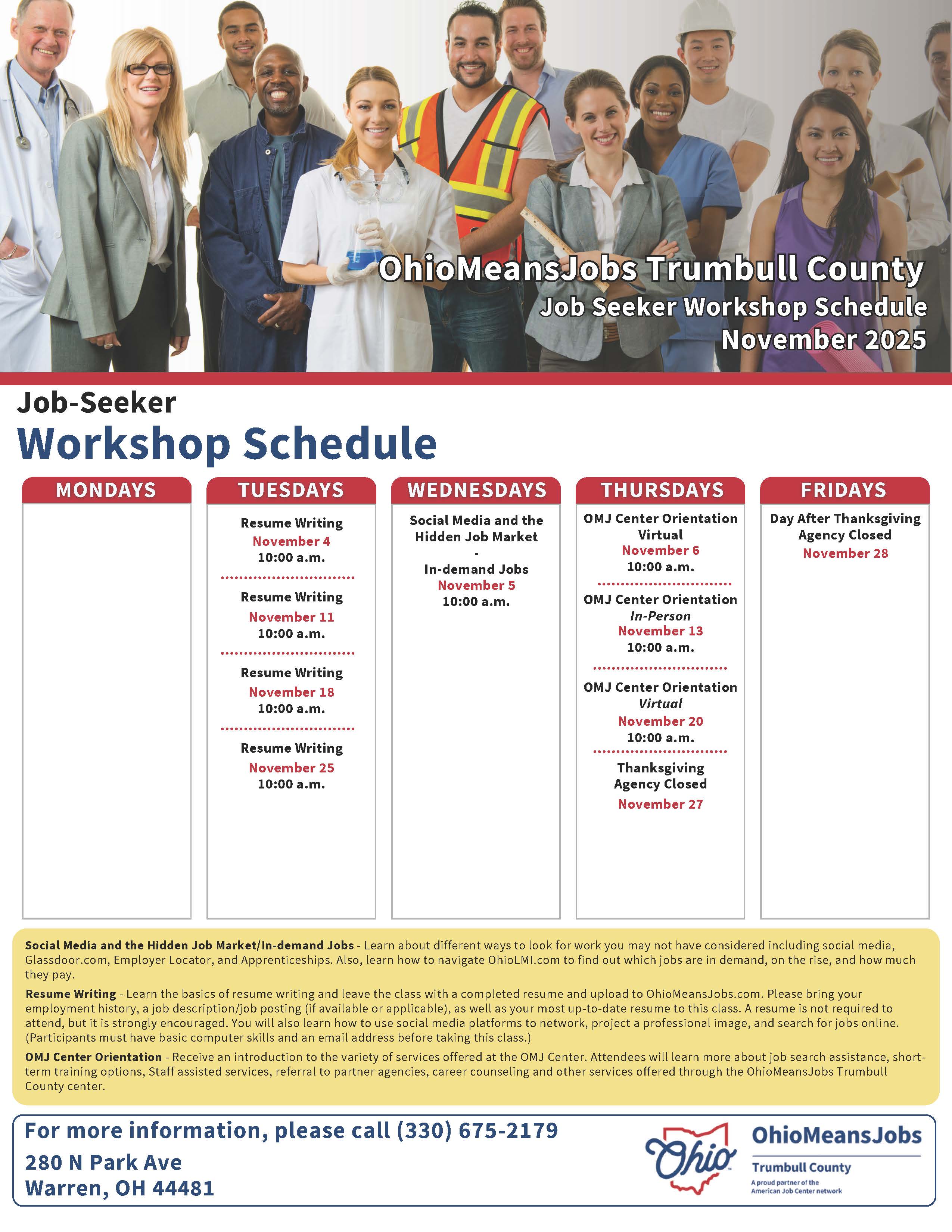 November 2025 OMJ Trumbull County Workshop Schedule.