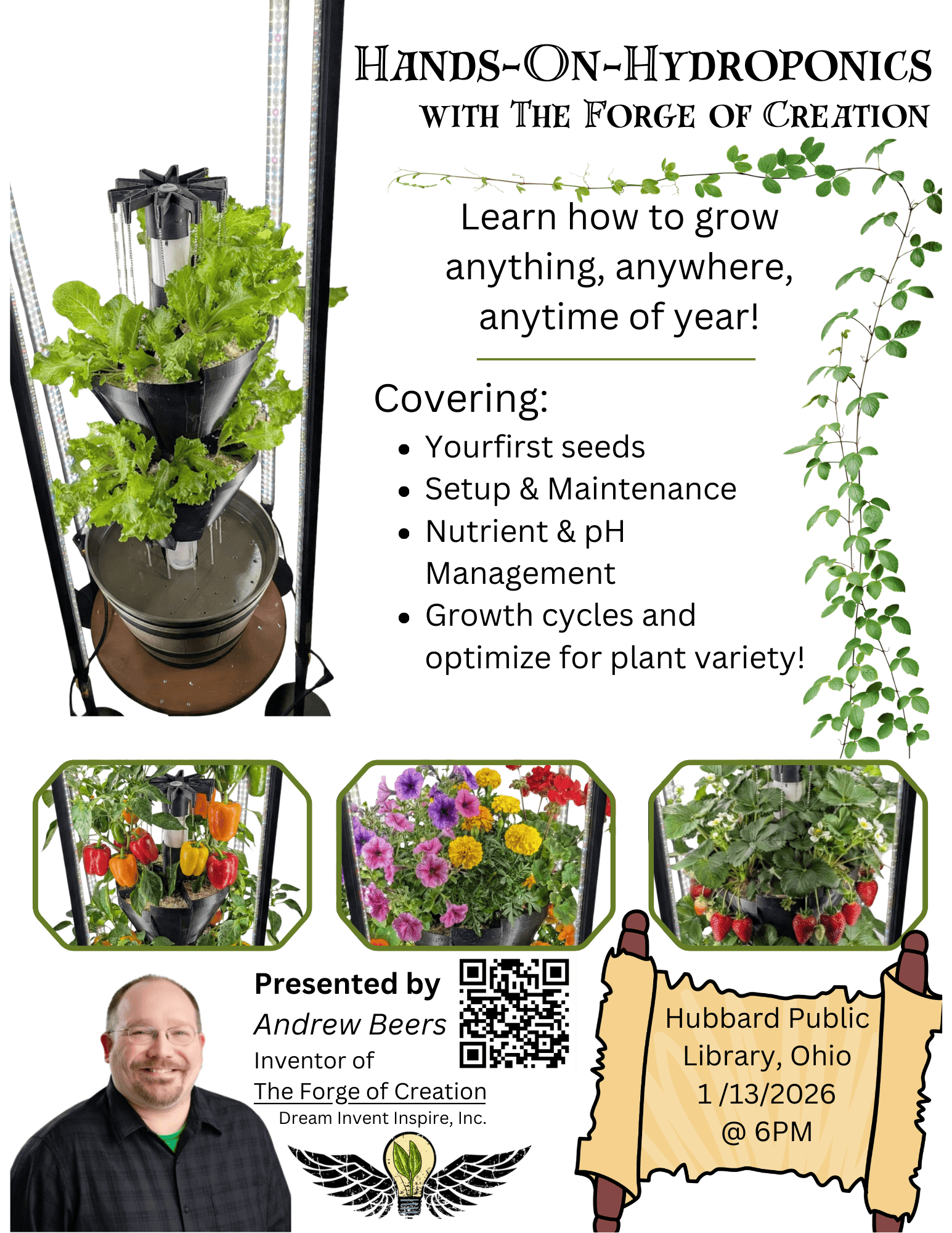 Hydroponic gardening program January 13, 2026 at 6pm.