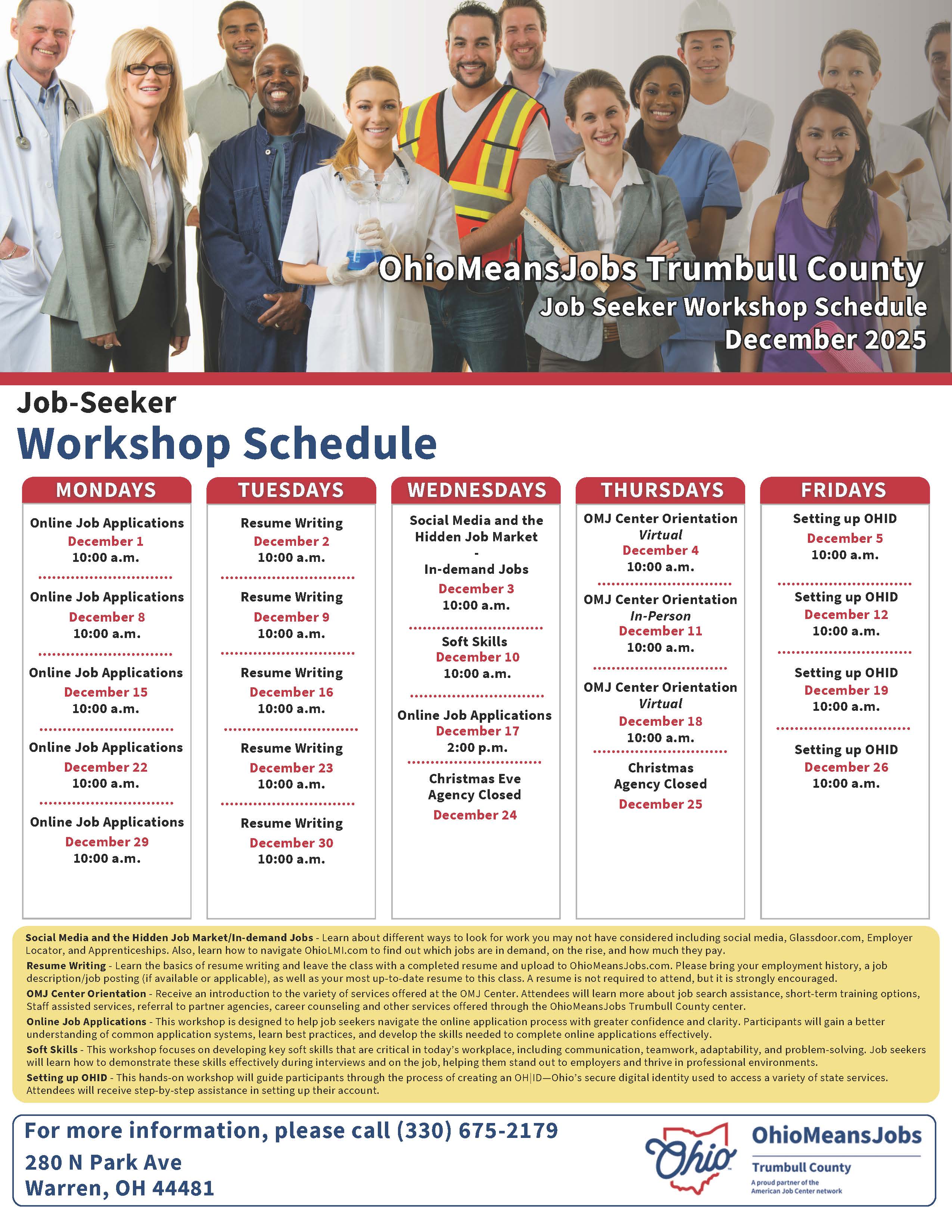 December 2025 OMJ Trumbull County Workshop Schedule.