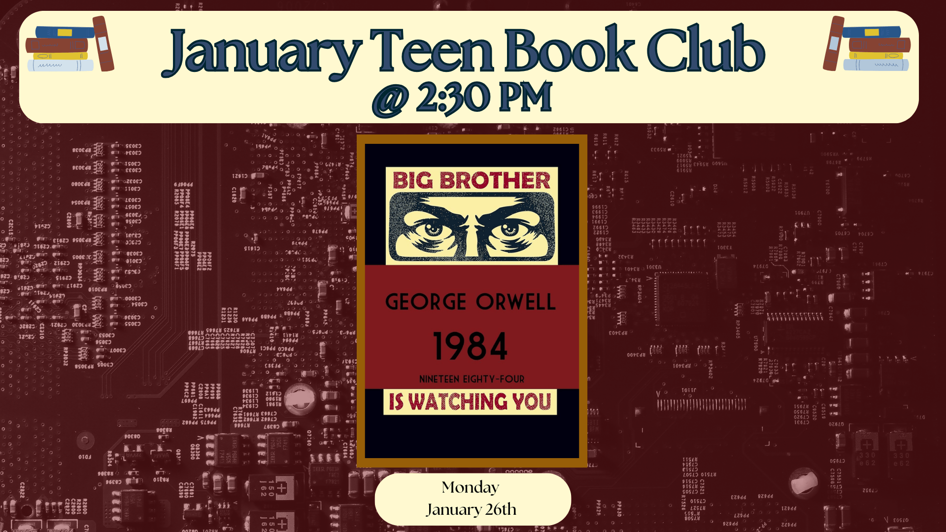 Teen book club January 26 at 2:30pm.