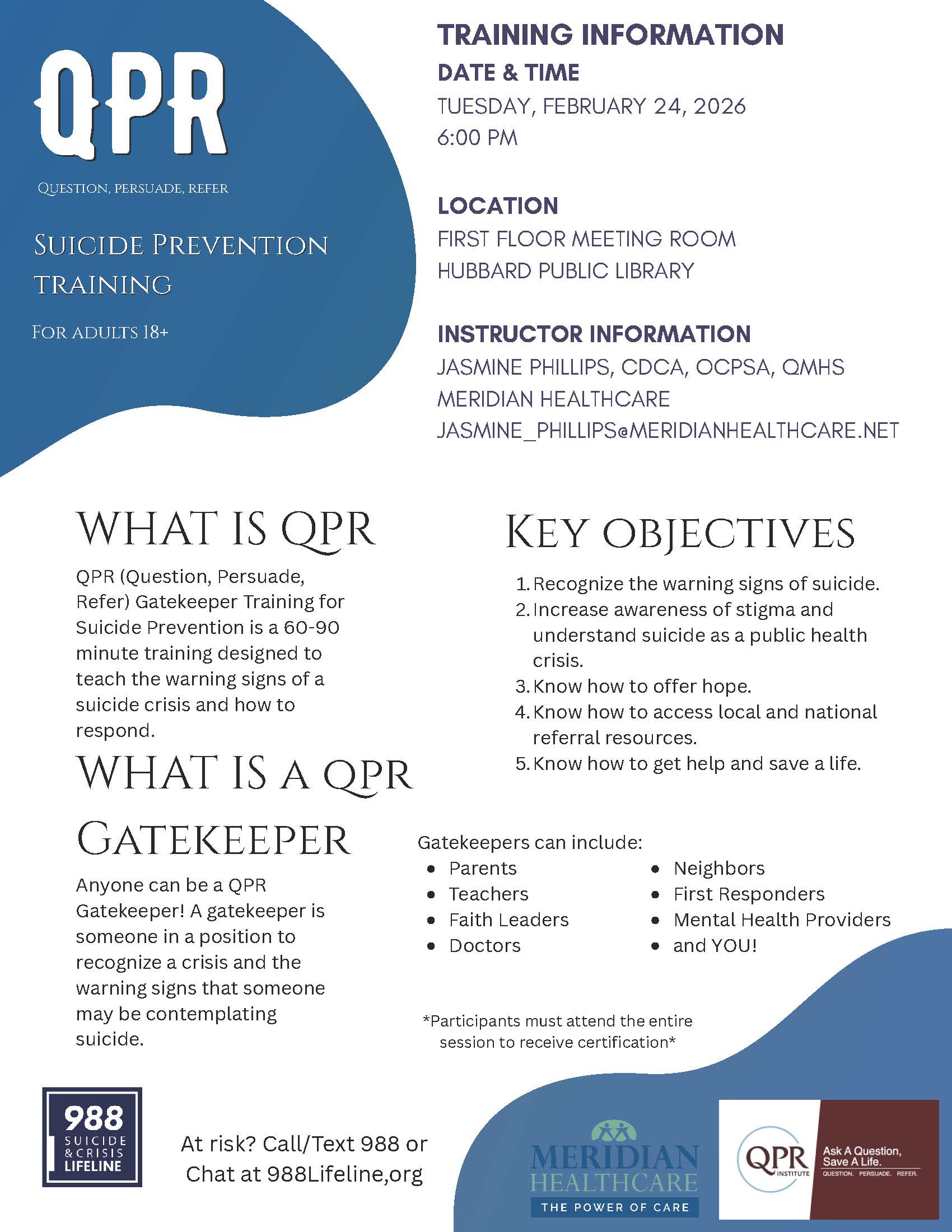 QPR for Suicide Prevention training Feb. 24 at 6pm.