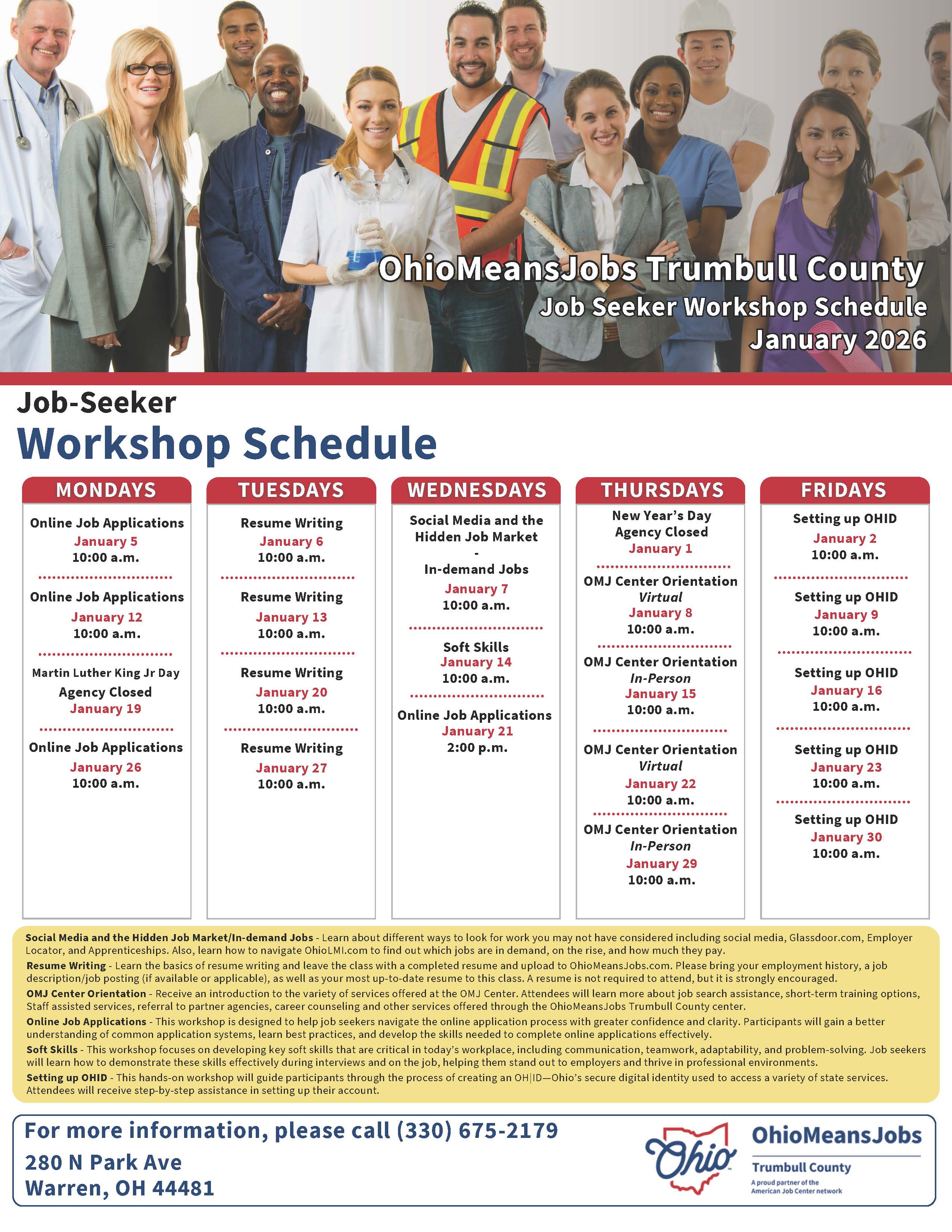 January 2026 OMJ Trumbull County Workshop Schedule.