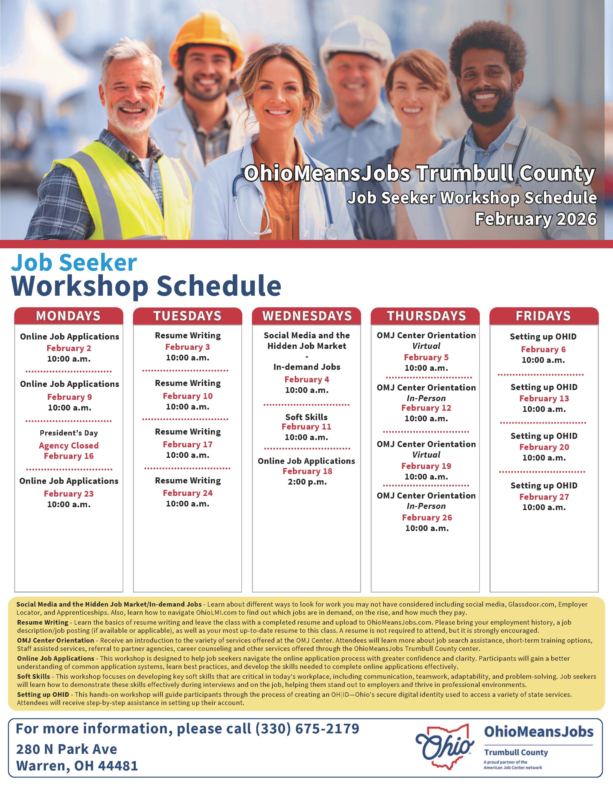 February 2026 OMJ Trumbull County Workshop Schedule.