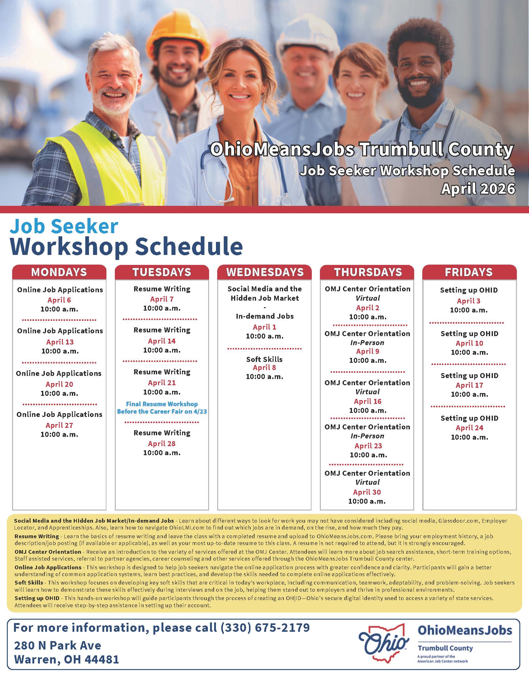 April 2026 OMJ Trumbull County Workshop Schedule.