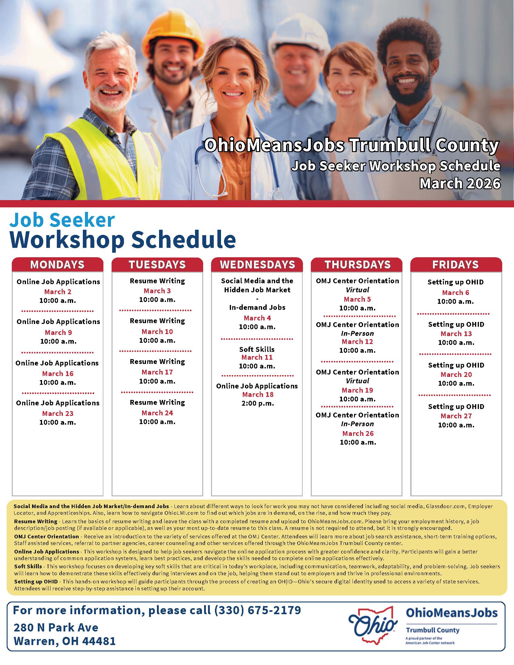 March 2026 OMJ Trumbull County Workshop Schedule.