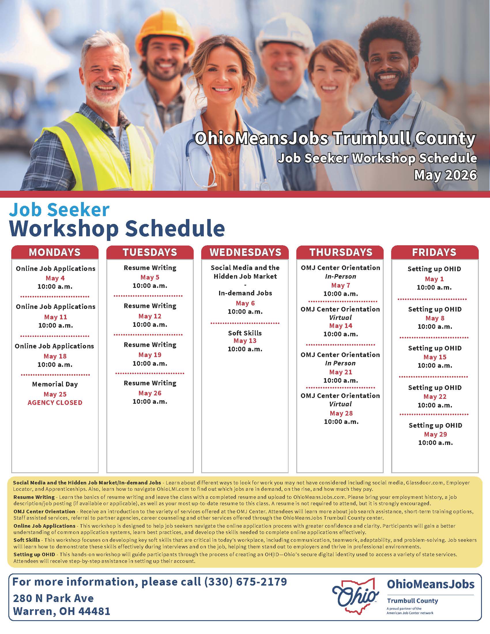 May 2026 OMJ Trumbull County Workshop Schedule.