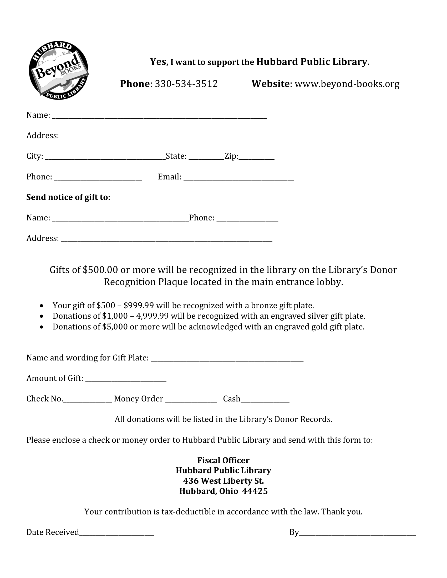 Memorial gift form for amount over 500 dollars/