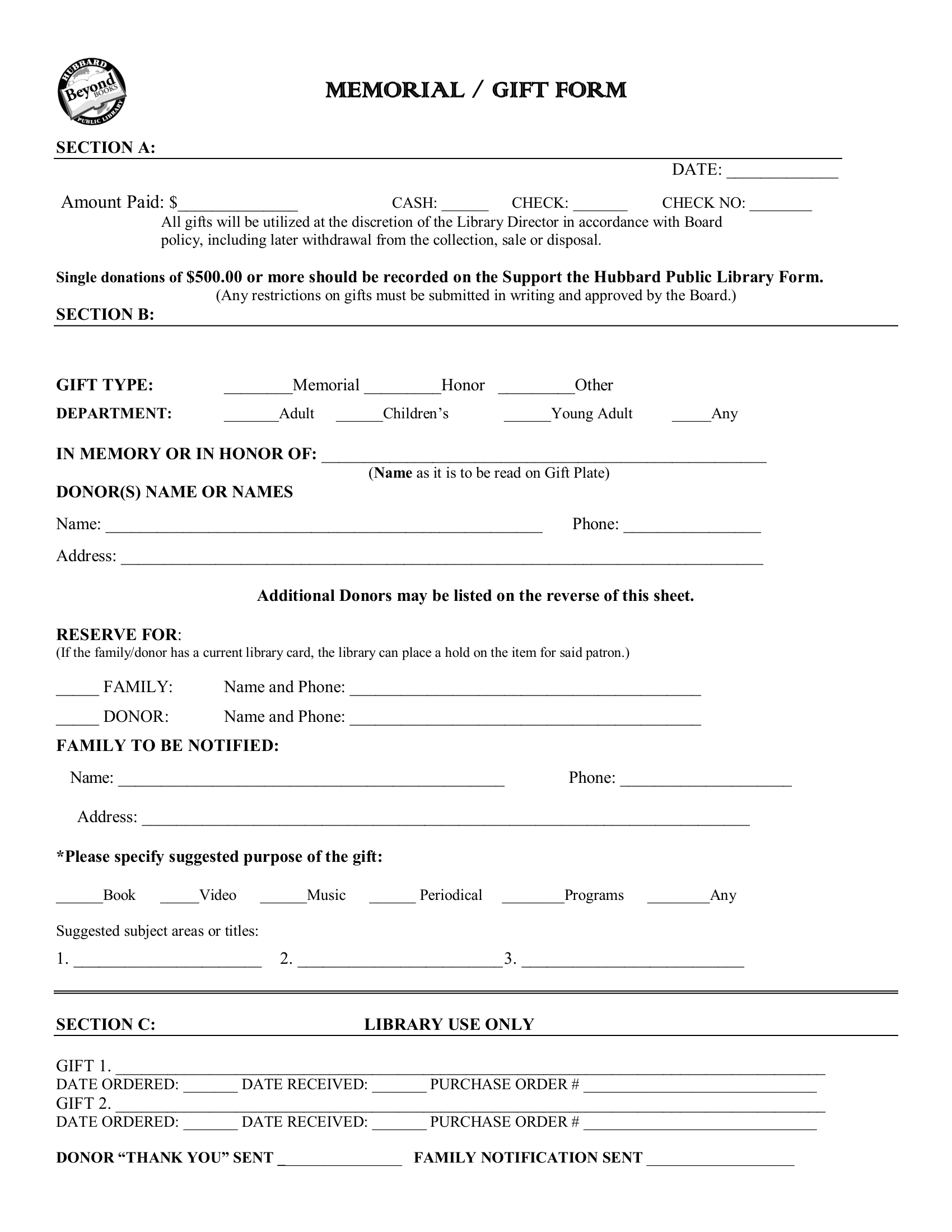 Memorial gift form for amounts under 500 dollars.