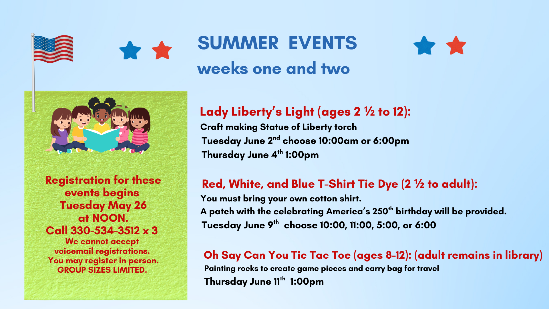 Summer Reading Events for Weeks 1 & 2 Sign Ups.