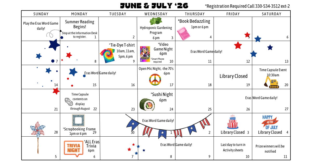 Adult summer reading 2026 calendar of events.