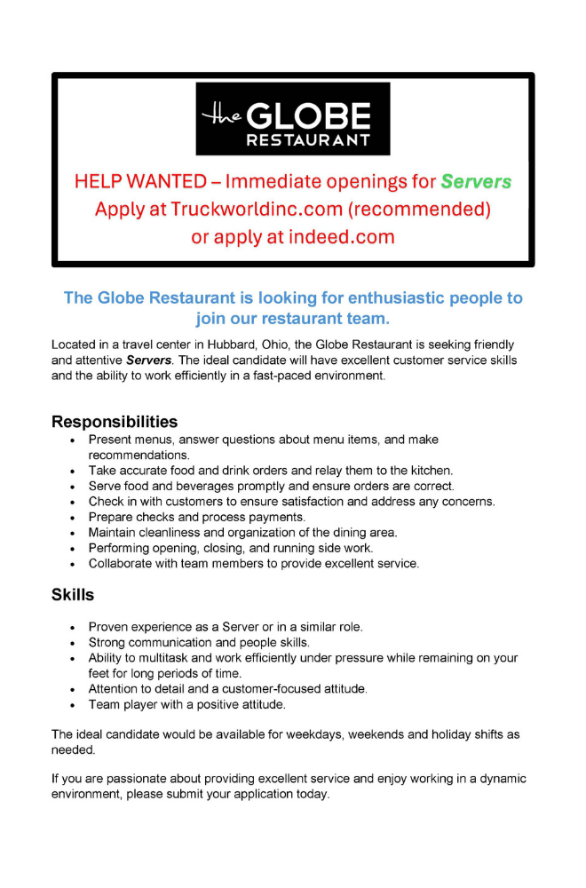 Globe Restaurant job posting.