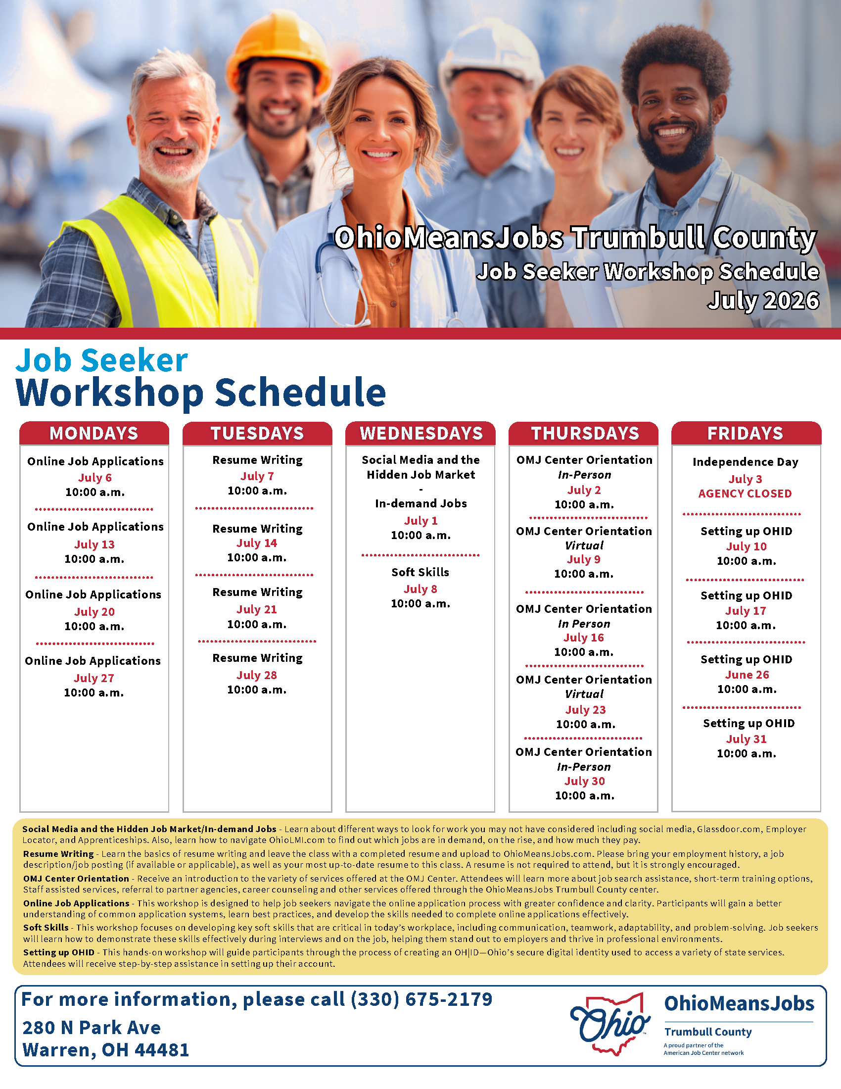 OhioMeansJobs Trumbull County Workshop Schedule July 2026.