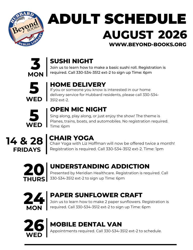 August 2026 Adult Monthly Programs.