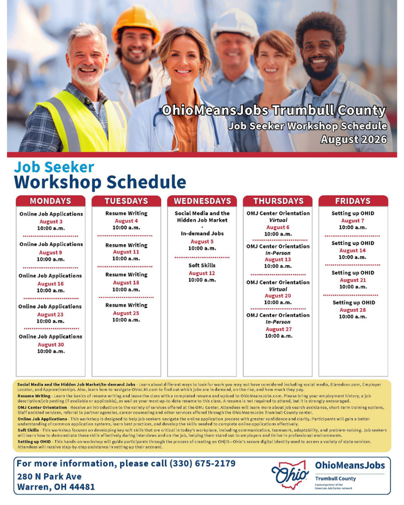 Job seeker workshop schedule for August.