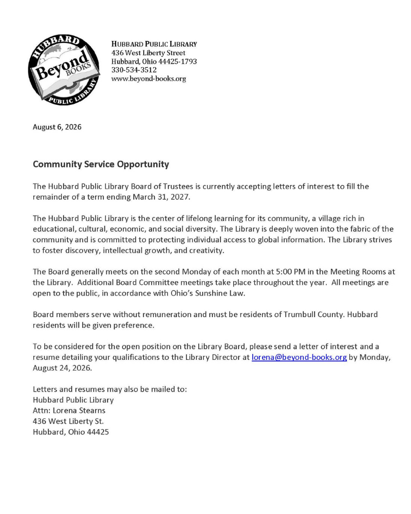 Library Board position open.