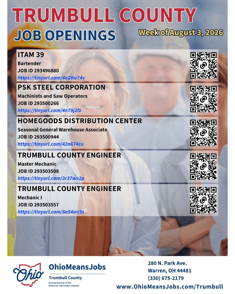 Trumbull county job openings week of August 1.