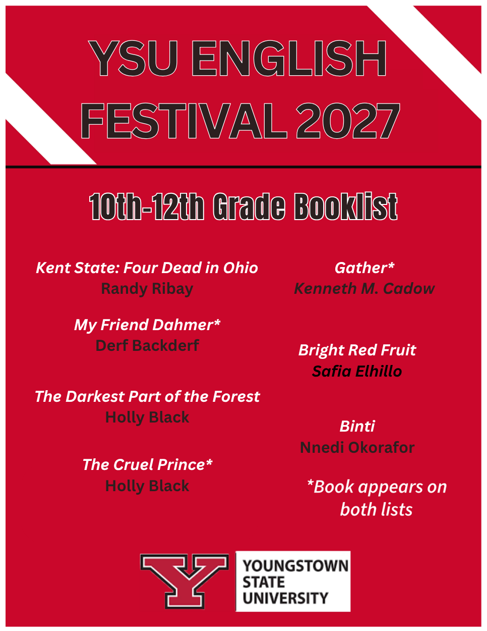 YSU English Festival 2027 10th thru 12th grade list.
