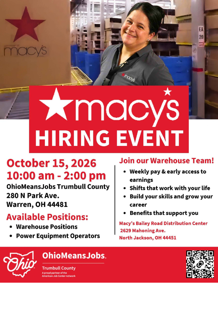 Macy's hiring event October 15.