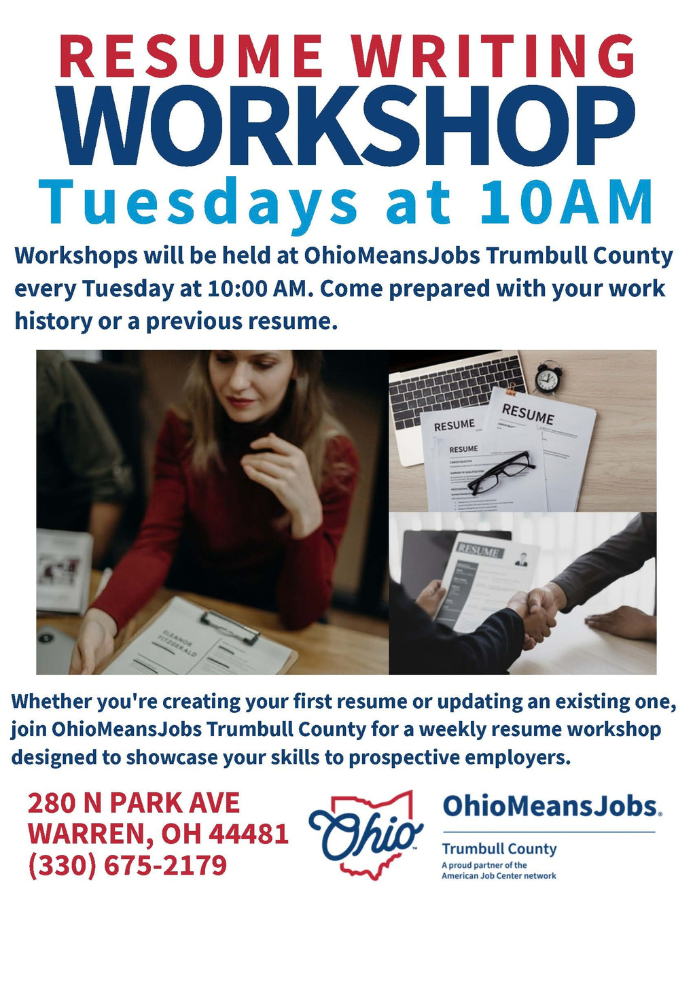 Resume writing workshop on Tuesdays at 10am.