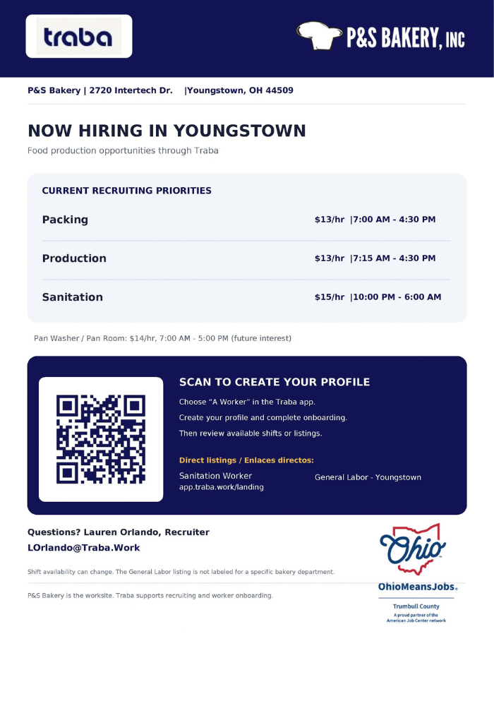  Name P&S Bakery Hiring in Youngstown.